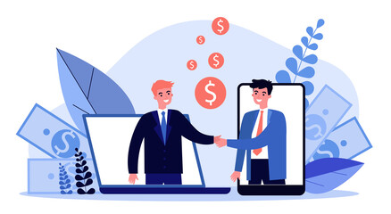 Partners shaking hands flat illustration. Businessman and sponsor beginning startup. Partnership, teamwork and relationship concept.