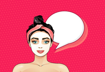 Girl applying homemade natural facial mask as self care routine. Woman Using Natural Products for Skin care and Beauty vector pop art illustration