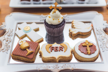 birthday decoration, cookies, sweets, cake, chocolate, cupcake, snacks, flowers, religion concept