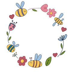 cute bees with wings, flowers, hearts, vector children picture, round wreath