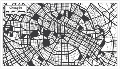 Chengdu China City Map in Black and White Color in Retro Style. Outline Map.