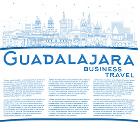 Outline Guadalajara Mexico City Skyline with Blue Buildings and Copy Space.