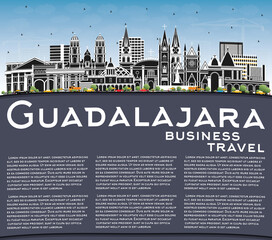 Guadalajara Mexico City Skyline with Color Buildings, Blue Sky and Copy Space.