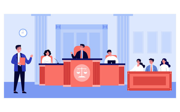 Lawyer speaking in front of judges and attorney in court isolated flat vector illustration. Cartoon men and women sitting in courtroom during trial. Judgment, justice and law concept