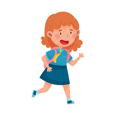 Cute Girl Character Wearing School Uniform and Backpack Running to School Vector Illustration