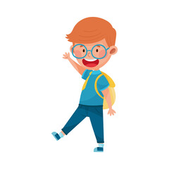 Cheerful Boy Character Wearing School Uniform and Backpack Walking to School and Waving Hand Vector Illustration
