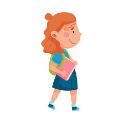 Girl Character Wearing School Uniform and Backpack Walking to School Vector Illustration