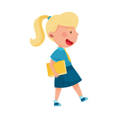 Girl Character Wearing School Uniform and Backpack Walking to School Vector Illustration