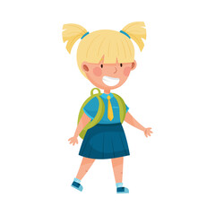 Cute Girl Character Wearing School Uniform and Backpack Walking to School Vector Illustration