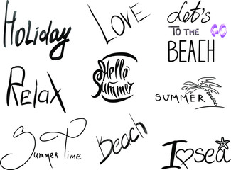 lettering, beach lettering with different styles, black tone. Hello summer, love, beach, relax, summer time. Vector graphics. Handmade work