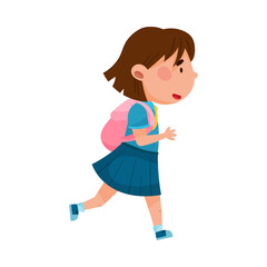 Cute Girl Character Wearing School Uniform and Backpack Running to School Vector Illustration
