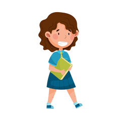 Girl Character in School Uniform Carrying Book and Walking to School Vector Illustration
