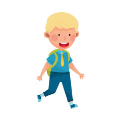 Cute Boy Character Wearing School Uniform and Backpack Walking to School Vector Illustration