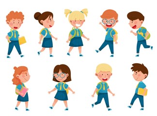 Boy and Girl Characters Wearing School Uniform and Backpack Walking and Running to School Vector Illustration Set