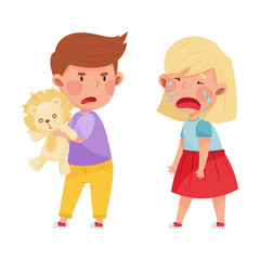 Hostile Kid with Angry Grimace Taking Away Toy Lion from His Crying Agemate Vector Illustration