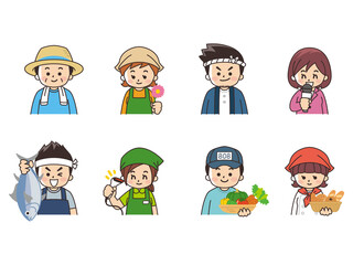 職業いろいろ　農家　花屋　大工　アナウンサー　漁師　スーパーの店員　八百屋　パン屋