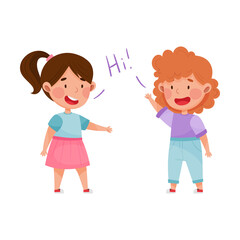 Friendly Kids Greeting Each Other Waving Hands and Laughing Vector Illustration
