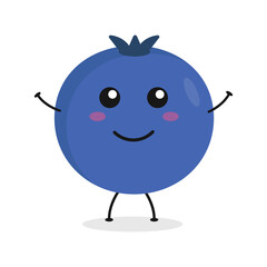 Cute flat cartoon blueberry illustration. Vector illustration of cute blueberry with a smiling expression.