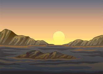 Horizontal Scenery with Sunset and Mountain Landscape Vector Illustration