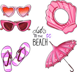 Beach set for women or girls in pink colors. Glasses, an inflatable circle, a beach umbrella, and beach Slippers. Vector graphics. Hand drawing