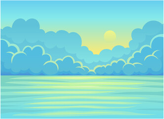 Obraz na płótnie Canvas Picturesque Nature Landscape with Sunset or Sunrise and Water View Vector Illustration