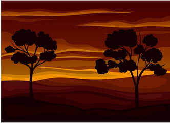 Picturesque Nature Landscape with Sunset, Hills and Tree View Vector Illustration