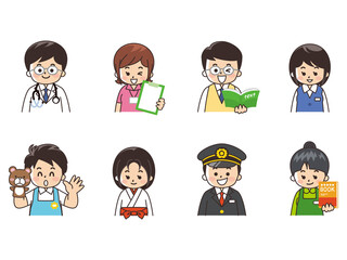 職業いろいろ　医師　スポーツトレーナー　教師　オフィスレディ　保育士　巫女　運転士　本屋