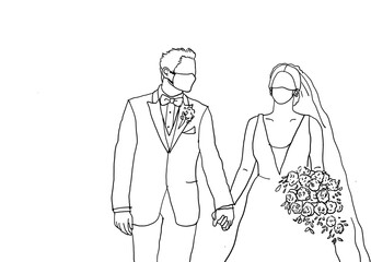 new normal wedding, bride and groom wear face masks to against COVID-19 pandemic