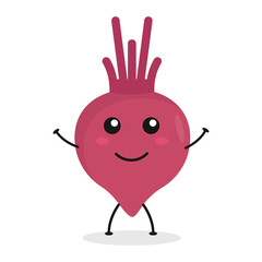 Fototapeta premium Cute flat cartoon beetroot illustration. Vector illustration of cute beetroot with a smiling expression. 