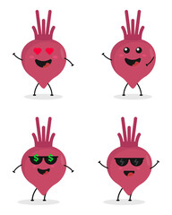 Cute flat cartoon beetroot illustration. Vector illustration of cute beetroot with a smiling expression.	