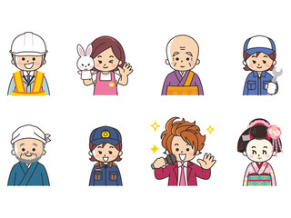 職業いろいろ　作業員　保育士　住職　自動車整備士　陶芸家　消防隊員　アイドル　舞妓さん