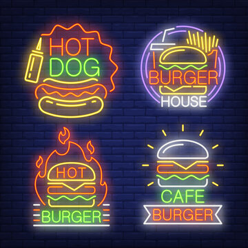Burger cafe neon sign set. Hot burger in flame, French fries, hot dog with mustard on brick wall background. illustration in neon style for topics like fast food restaurant, burger house, meal