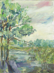 summer landscape with tree and pond painting