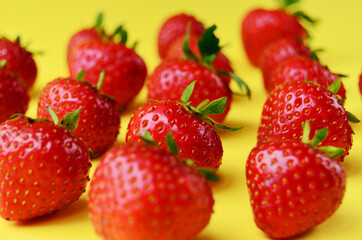 pattern of red ripe strawberry berries lined with rows on a yellow background