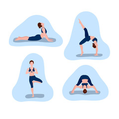 A set of vector illustrations depicting a girl who shows yoga poses. Design for the design of a booklet, flyer, poster. Design for website design, guide, flyers