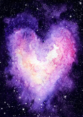 Watercolor Heart Shape Nebula and Outer Space