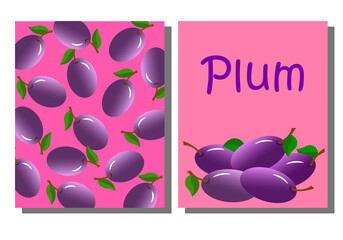 A set of two plum cards. Vector illustration. Templates for advertising, packaging and gifts, for groceries, agricultural stores.