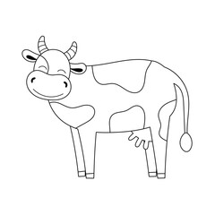 Cute contour doodle cow. Milk products. Farm animals and birds.Illustration for childrens coloring book. Vector isolated on white background