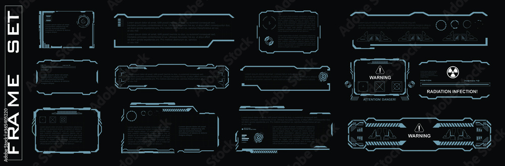 Poster Set of screen elements. HUD, GUI, UI The user interface for game application. Set of frames on black background for game dev. Futuristic user interface