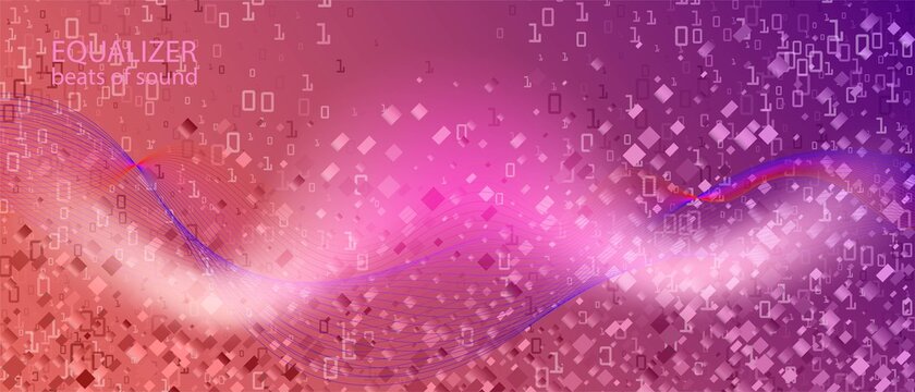 Wireless Tech Vector Landing Page. Blue Purple Pink Background. Matrix Falling Binary Code. Technology Colorful Music Layout.