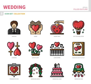 wedding and marriage icon set,filled outline style,vector and illustration