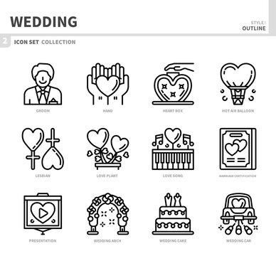 wedding and marriage icon set,outline style,vector and illustration