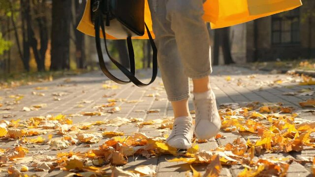 Woman in white sneakers walks among the foliage in autumn park. Legs girl walk on yellow leaves outdoors. 4K slow motion footage