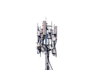 Fototapeta na wymiar Telecommunication tower of 4G and 5G cellular. Base Station or Base Transceiver Station. Wireless Communication Antenna Transmitter. Telecommunication tower with antennas isolated on white background.