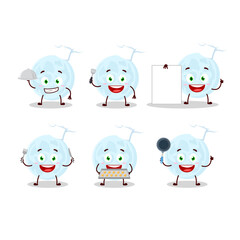 Cartoon character of blue moon with various chef emoticons