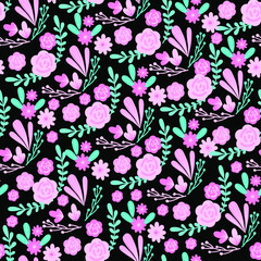 pink flowers pattern on the black background