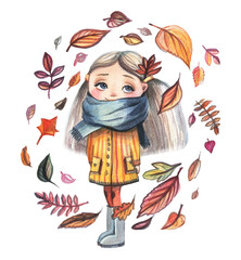 Autumn girl. Happy little girl with autumn leaves.
Fall season. Fallen leaves. Watercolor illustration. 