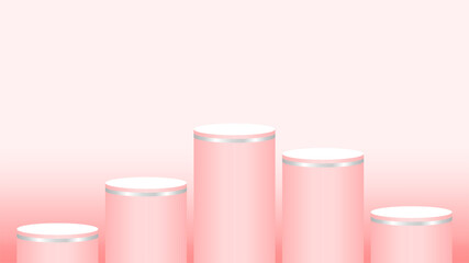 pedestal cylinder circle five steps for cosmetics showcase, podium circle stage red pink soft pastel color, platform 5 steps and advertising copy space, podium round five layers of product display