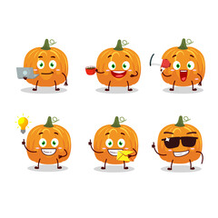 Pumpkin cartoon character with various types of business emoticons