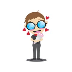 boy in love holding flower bouquet